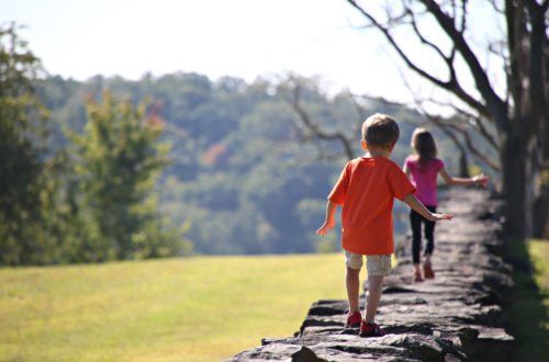 Image of children walking on stone wall
