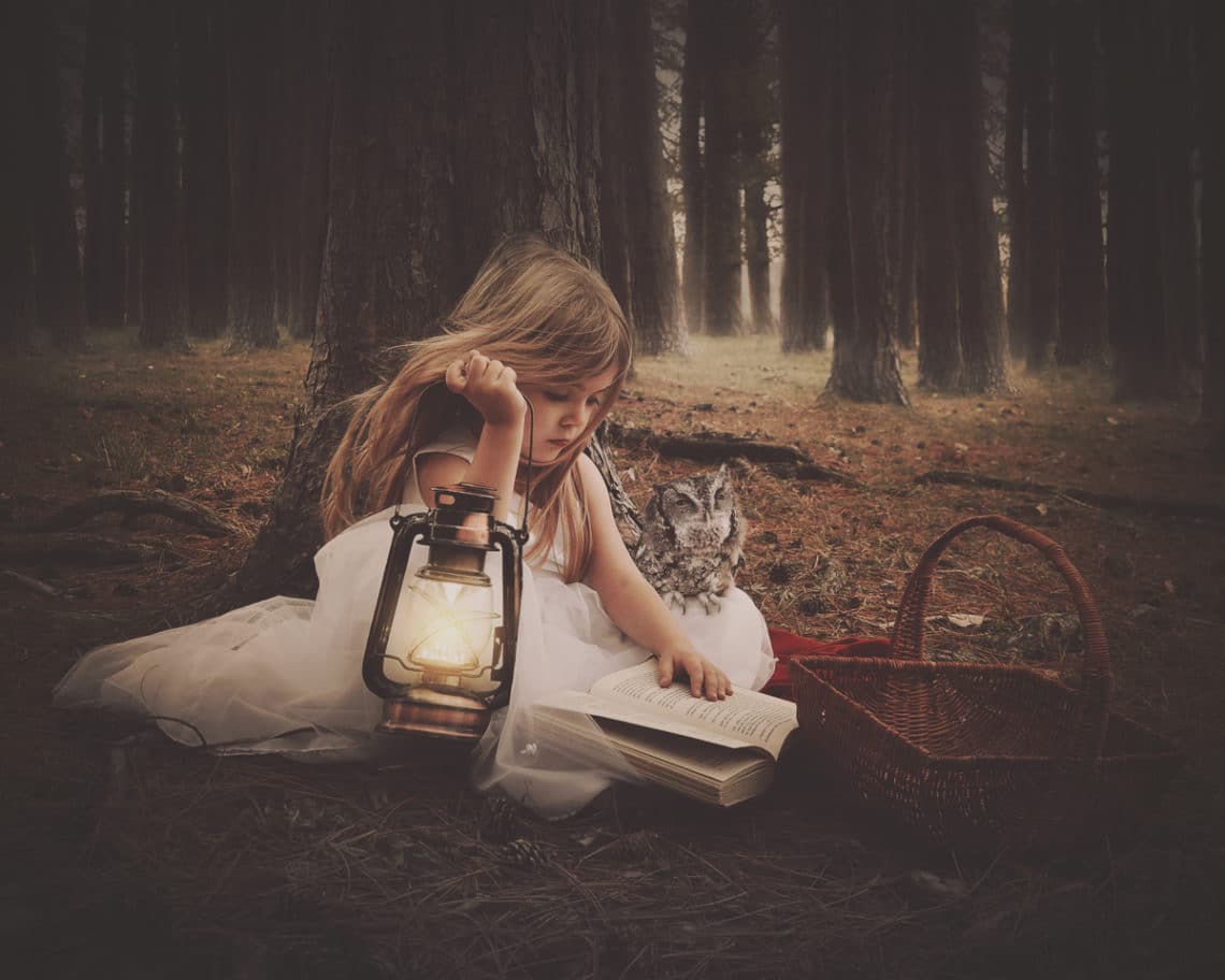 Little girl in forest with lantern, book and owl