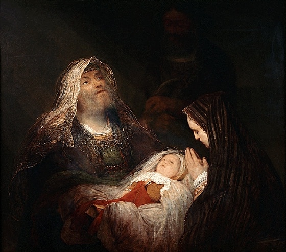 Simeon praises God as he sees baby Jesus, with Mary